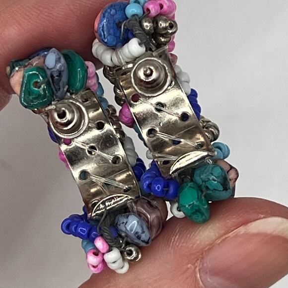 Vintage Earrings-Beaded Half Hoop- Turquoise-Coral-Hematite- Twirled Beads - Picture 4 of 5